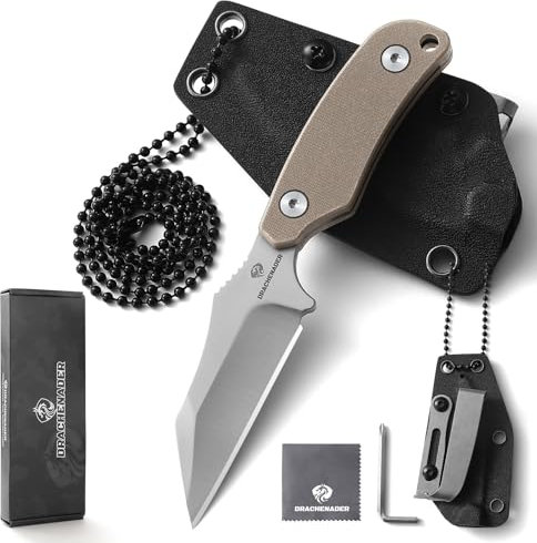 DRACHENADER Cuchillo de cuello X-WH, hoja fija Wharncliffe de acero D2 de 7,6 cm, cuchillo Full Tang en miniatura con funda Kydex, cadena de bolas y clip para cinturón,