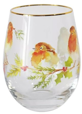 Christmas Festive Glass Tumbler Beatutifully Painted Stemless Wine Glass Comes Boxed (Robin with Berries 8525)