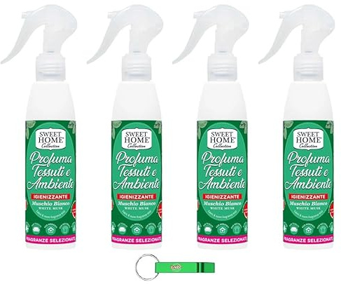 4x Sweet Home Profumatore Tessuti e Ambiente Weißer Moschus - Spray-Parfümiert für Stoffe und die Umwelt 250ml + Beni Culinari Kostenloser Schlüsselanhänger