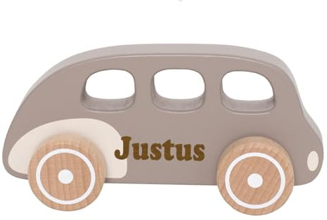 Elefantasie Spielzeug Auto aus Holz Retro Car personalisierbar mit Name Baby Geschenk mit Gravur (Braun)