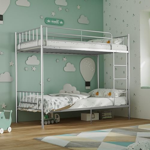 XINBEDEU 3FT Single Bunk Bed Metal Frame, Twin Over Twin Size Metal Bunk Bed with Slatted Support, Sturdy and Durable Design for Kids and Adults (Silver, Twin)