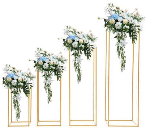 MEHOOSPVN 4 Stück Blumenständer Hochzeit Herzstück Tische, 100cm 80cm 60cm 40cm Goldvasen Metall, Metall-Blumenständer, Hohe Bodenvase Geometrischer, Blumensäule für Heimdekorationen, Wohnzimmer Party