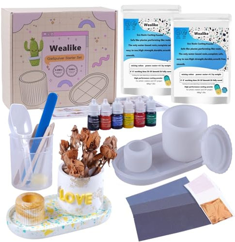 Wealike Gießpulver Starter Set,Diy Keramik Gießpulver Set Erwachsene,Enthält gips zum gießen1360g,Silikonformen, Grundfarben,Schleifpapier,Mischbecher usw.30 Minuten entformt,für kreative Projekte