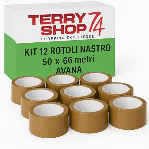 Terryshop74 Ruban adhésif silencieux emballage transport 50 mm x 66 m pour emballage et entrepôt, résistant déménagement protection Made in Italy (12 rouleaux Havana)