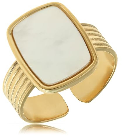 Made by Nami Boho Ring Damen Gold mit Perlmutt Edelstein Ring mit Stein Verstellbar aus Chirurgischem Edelstahl Boho Schmuck Damen Wasserfester Schmuck Hypoallergen