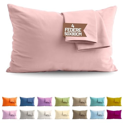 SONIT - Set 4 Federe Rosa Cuscino Letto 50x80 cm 100% Cotone con Chiusura a Busta, Morbidi e Traspiranti, Letto Matrimoniale, Fodere Guanciale Lavabili Biancheria Letto, Made in Italy
