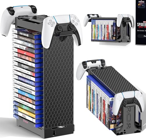 Supporto a Torre per 20 Dischi di Videogiochi con Support per Controller, Organizer da Parete & Contenitore per Switch 2/PS5/PS4/Xbox One/Series, Supporto Vertical & Orizzontale per Accessori di Gioco