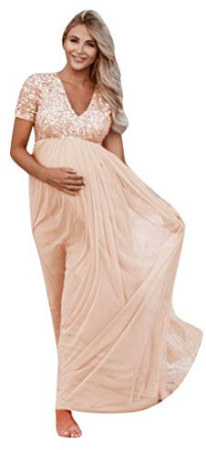 Foweknow Robe de maternité pour femme - Robe de maternité à paillettes - Robe de grossesse à manches courtes - Élégante robe de soirée - Col en V - Paillettes - Robe de cocktail festive, Rose, S