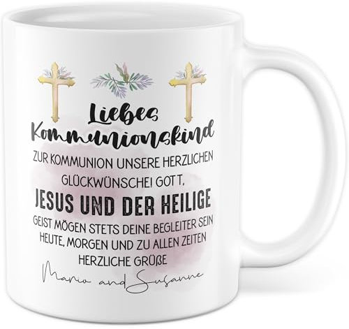 Kommunion Tasse mit Namen Personalisiert - Geschenk Zur Kommunion Name - Kaffeetasse 330ml aus Keramik - Pate Kommunionpatin Christentum Katholische Kirche Glaube