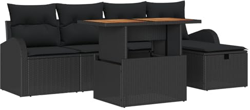 vidaXL Garten-Sofa-Set 6 pcs Schwarz Poly-Rattan, Garten und Terrasse, moderner Rattan-Sofa, wetterfest, platzsparend, Lounge-Set für draußen