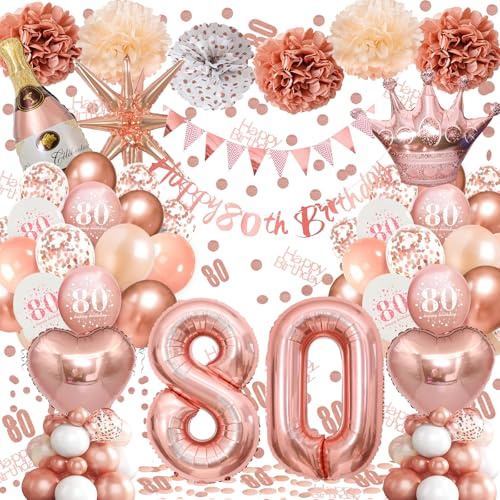 80th Birthday Balloons Rose Gold, Banner, Triangle Flag, 80th Birthday Decorations, Rose Gold Party Decorations Set, Latex, Heart, Crown And Numbers Balloons, Confetti, Paper Pom Poms