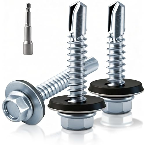 XRXYMQ 50 Pièces Vis Autoforeuse Metal 6.3 x 50 mm Vis Autoforeuse Inox avec Rondelles D'étanchéité Vise Bac Acier con Kit de Clé à Douille Vise Autoperforante pour Réparations Domestiques Tole Acier