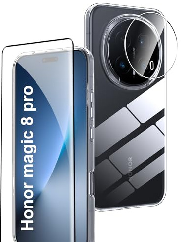 Rojeuinn Coque pour Honor Magic 8 Pro Protection Case+1 pièce Verre Trempé Protection écran+1 pièce Film de Protection d'objectif,Ultra-Clair,dureté 9H,Coque en Silicone TPU,Antichoc,Doux-Transparent