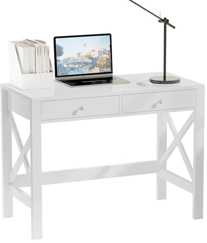 ELUREVIA Schreibtisch mit Schubladen, Computertisch aus Holz mit Stauraum, Bürotisch für Homeoffice und Schlafzimmer, Weiß