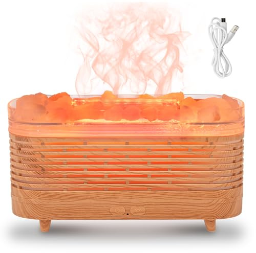 Kqpoinw 2-in-1 Aroma Diffuser & Salt Range Leuchte, 7-Farben Flammeneffekt Diffusor für Ätherische Öle, 120ml Holz Aromatherapie Diffusor Ätherische Öle USB Luftbefeuchter Für Schlafzimmer Büro Yoga