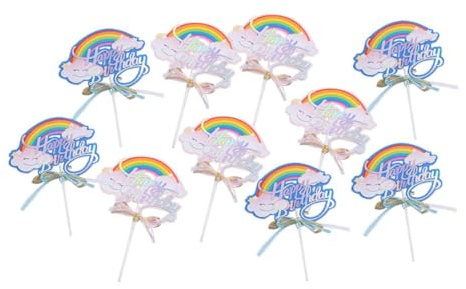 Veemoon Lot de 10 Décorations de Gâteaux Arc-en-Ciel en Papier Accessoires de Fête D’Anniversaire Rose et Bleu Garniture de Dessert pour Cupcakes et Cartes D’Insertion de Cuisson