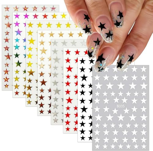 CharmeFleur 8 Foglie Stelle Adesivi Per Unghie Per Design Unghie 8 Colori Stelle Adesivi Per Unghie Oro Argento Arcobaleno Nero Bianco Design Unghie Stelle Adesivi 3D Aut