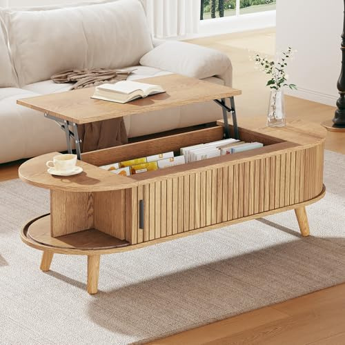 Merax Lift-Up Oval Coffee Table with Hidden Storage, Adjustable Height Sofa Side Table, End Table for Living Room, Bedroom, Reception, Natural Wood, 120x50x39.5cm