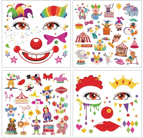 Qpout 8 Hojas Cara De Payaso Tatuajes Temporales Maquillaje De Joker Mono, Arte Corporal Impermeable Pegatinas De Tatuajes Falsos Para Mujeres Hombres Y Adultos Disfraz De Feria De Halloween