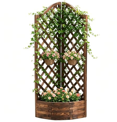 Fioriera con Traliccio 67x45x150cm, Aiuola Rialzata in Legno Carbonizzato, Porta fiori con Grigliato, Supporto per Piante Rampicanti, Porta Piante da Esterno per Giardino, Balcone