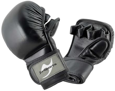 Ju-Sports Freefight MMA Sparring Handschuhe - Leder I MMA Handschuhe mit offenen Handflächen, Daumenschoner & Handgelenkschutz I Extra Dickes Polster I Größe M