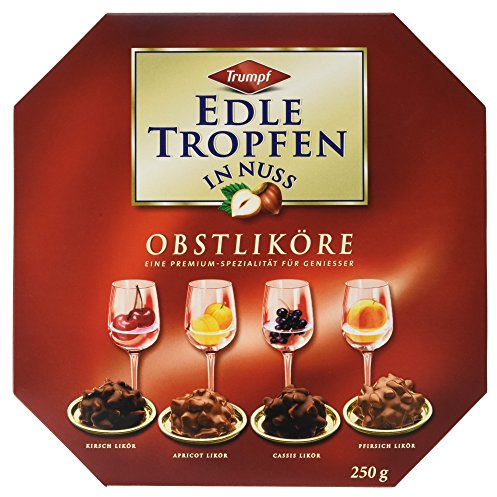 Edle Tropfen in Nuss Obstliköre 250g, flüssig gefüllte Schokoladenpralinen mit Milchschokoladen-Überzug und knackigen Haselnuss-Splittern