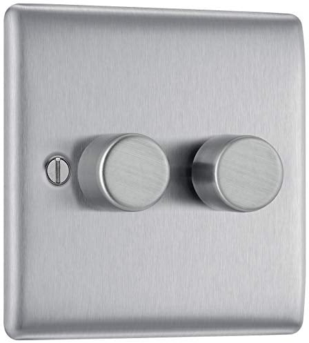 BG Electrical Intelligent Double Wall Dimmer Switch, 2 Way, Raised Profile, Round Edges, Nexus Metal, Brushed Steel, 200W, NBS82