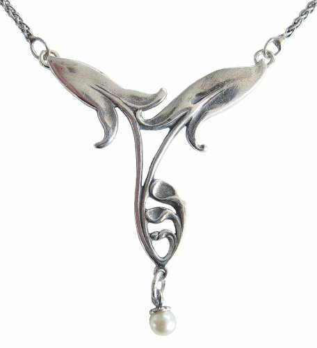 Halskette Lilien 925 Silber Perle Jugendstil