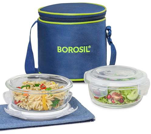Borosil Glass Lunch Box Set of 2, 400 ml, Vertical, Microwave Safe Office Tiifin