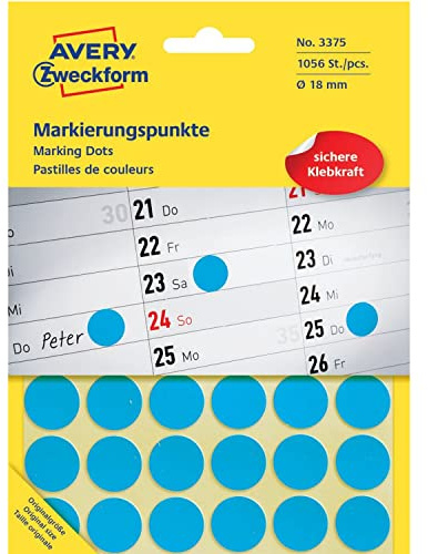 AVERY Zweckform 3375 selbstklebende Markierungspunkte (Ø 18 mm, 1.056 Klebepunkte auf 22 Bogen, runde Aufkleber für Kalender, Planer und zum Basteln, Papier, matt) blau