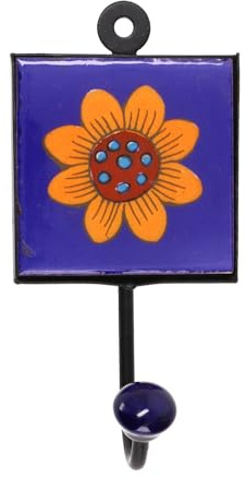 Wandhaken, Garderobenhaken mit handgefertigter Fliese, 8x8 cm, Modell 8 | Keramik und Metall, handbemalt, indischer Charme, vielseitig einsetzbar, ideal für Flur und Wohnzimmer