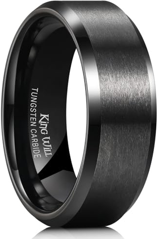 King Will 8mm Men's Black Tungsten Wedding Ring - Brushed Matte Surface, Beveled Polished Edge, Comfort Fit Size 10