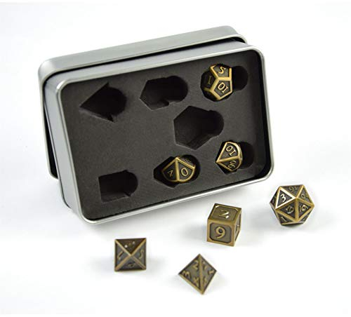 shibby 7 polyedrische Metall-Würfel für Rollen- und Tabletopspiele in Steampunk Gold-Optik inkl. Aufbewahrungsbox