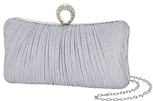 iwish Damen Clutch, Silber Elegante Kettentasche Tasche Clutch Bag, Hochzeit Wedding Prom Party Handtasche Crossbody Schultertasche klein Umhängetasche