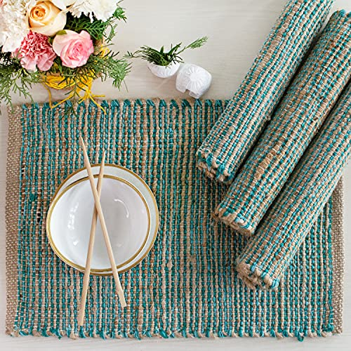 Chardin home Platzsets aus natürlicher Jute, 33 x 48 cm. Rustikale Tischsets im Bauernhaus-Design, Farben – natürliche Jute und Aqua-Türkis, 4 Stück