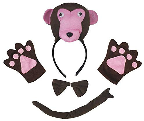 Petitebelle 3D Stirnband Fliege Schwanz Handschuhe Erwachsene Kostüm (3D brauner Affe, Einheitsgröße)