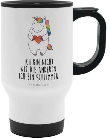 Mr. & Mrs. Panda Thermobecher Einhorn Herz - Geschenk, Reisebecher, Einhörner, Isolierbecher, Thermotasse, witzig, Unicorn, lustig, Edelstahlbecher,