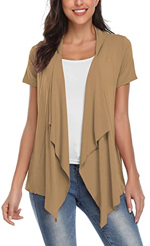 Femmes Cardigan Solide Drapé Ouverte Devant Manche Courte Gilet Ourlet Irrégulier (L, Chameau)