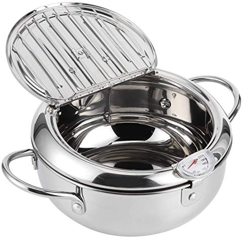 Olla japonesa para freír, Olla de acero inoxidable para freír tempura con control de temperatura y rejilla para escurrir el aceite