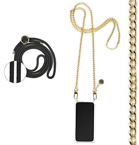 Jalouza Handykette, Kordel & Hülle Bundle kompatibel mit iPhone 12 Pro Max - Gliederkette in Gold und Kordel in Farbe Schwarz-Gold Plus Handyhülle zum umhängen