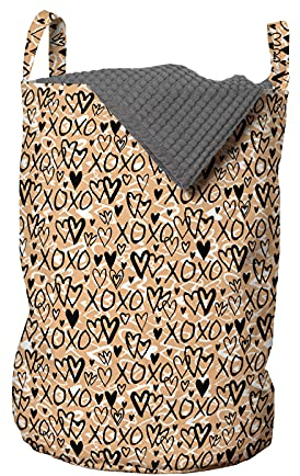 ABAKUHAUS xoxo Wäschesack, Doodle Herz Shapes Xoxo, Wäschekorb mit Griffen Kordelzugverschluss für Waschsalons, 33 cm breit x 49 cm hoch, Peach Schwarzweiss