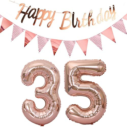 Luftballons 35.geburtstag deko frauen rosegold+Happy Birthday Girlande +Wimpelkette 40Zahlen Ballon 35 Luftballons 35 Jahre Geburtstag Dekoration frau Geburtstagdeko 35 Geburtstag deko rosegold(35)