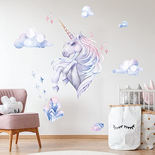 Einhorn mit Wolken Wandtattoo V274 | handgezeichnet | AUFKLEBER Kindergarten | Wandsticker Kinderzimmer Unicorn mit Wolken Lila Wolke (40 x 40 cm)