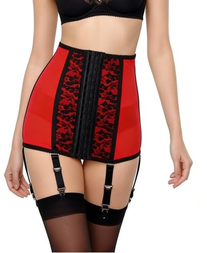 Estanla Damen-Korsett mit hoher Taille, Metallschnalle, abnehmbare Spitze, Dessous, 6 Riemen, Strumpfgürtel