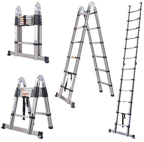 Stainless Steel 5M Telescopic Ladder, Folding 2.5M+2.5M Extension Ladder with Safety Lock, Portable A Frame Loft Ladder Extendable Multipurpose for Decorating Painting, Max Load 330lb