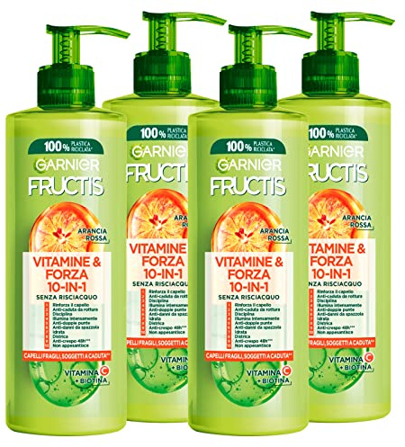 4x Garnier Fructis Vitamine e Forza Trattamento Fortificante per Capelli Fragili con Vitamina C e Biotina - 4 Flaconi da 400ml ognuno
