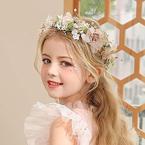 IYOU Blumenmädchen Haarschmuck Rosa Blume Blatt Stirnband Geburtstag Gemeinschaft Haarteil Kopfbedeckung zum Prinzessin Kostüm Hochzeit