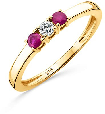 OROVI Schmuck Damen 0.06 Ct Diamant Ewigkeitsring Gelbgold mit Solitär Diamant Brillant und 2 natürliche Edelsteine/Geburtssteine runde rote Rubine Ring aus 9 Karat (375) Gold