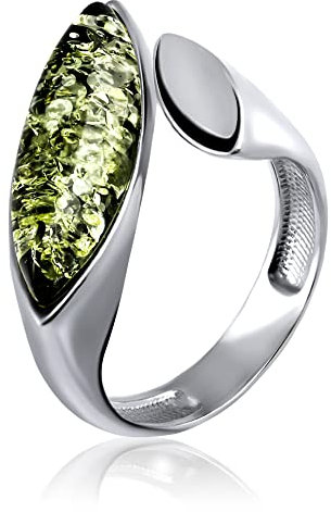 Ring edler grüner Bernstein in Sterling Silber 925, Silberring grüner Bernstein, verstellbare Größe 17.5-18.5, Designer Jewelry (17.5)