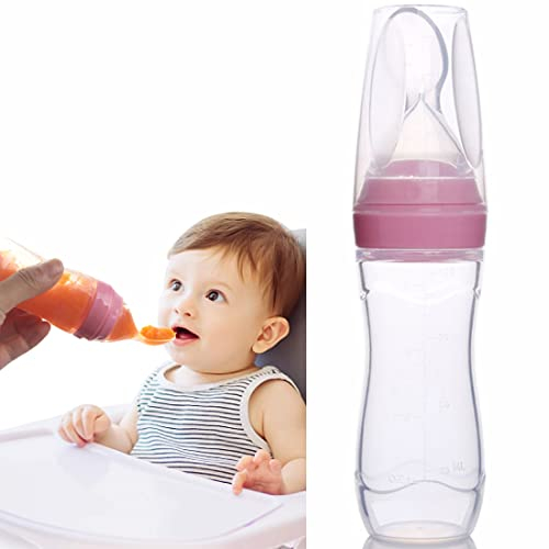 Baby Fütterlöffel Flasche 120ML Babynahrung Squeeze Feeder Silikon Löffel Flasche Weich Säugling Babylöffel Auslaufsicher Löffelspender Fütterungsflasche für Kleinkinder Ergänzende Ernährung Rosa